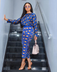 Plaid Print Blouse Top And Pants Two Piece Sets TK-6018