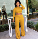 Solid 2pcs Crop Tops And Wide Leg Pants Set ASL-6072