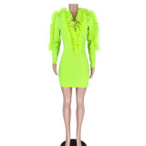 Sexy V Neck Ruffles Patchwork Long Sleeve Mini Dress ASL-6201