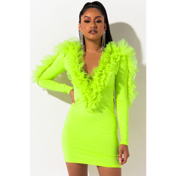 Sexy V Neck Ruffles Patchwork Long Sleeve Mini Dress ASL-6201