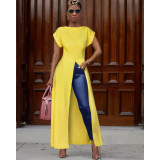 Solid High Split Short Sleeve Maxi Dresses ASL-6121