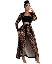 Leopard Print 2pcs Long Cardigan+Pants Set TE-3542