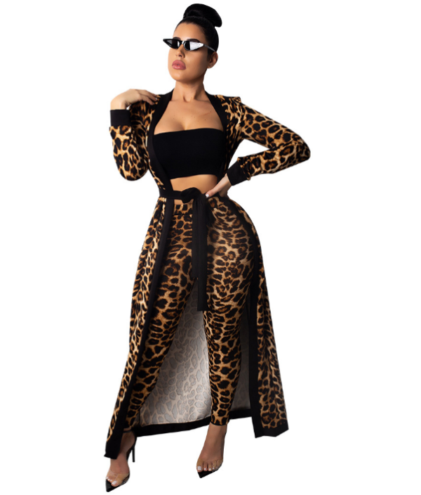 Leopard Print 2pcs Long Cardigan+Pants Set TE-3542