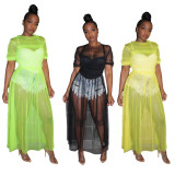 Sexy Mesh See Through Short Sleeve Long Dress OSM-4064