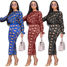 Plaid Print Blouse Top And Pants Two Piece Sets TK-6018