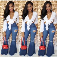 Denim Ripped Holes Jeans High Waist Flare Pants LX-8906