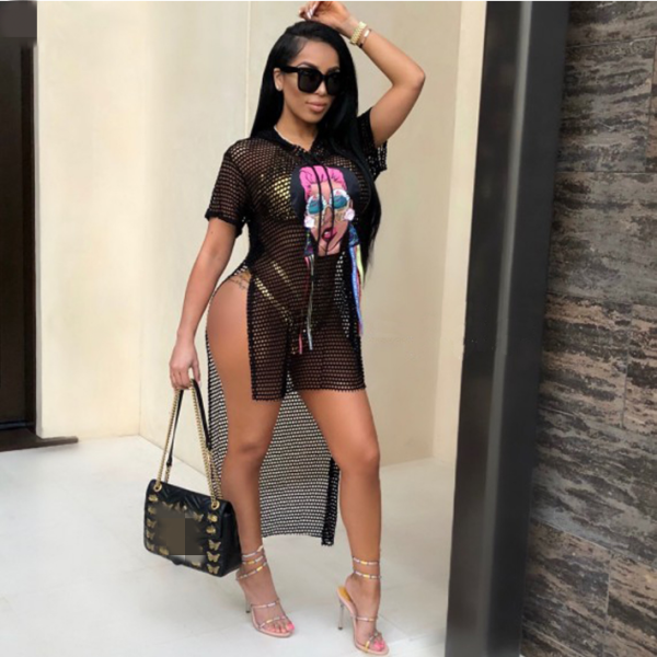 High Slits Black Mesh Smock Cardigan BN-9069