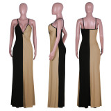 Contrast Color Sexy Deep V Spaghetti Strap Maxi Dress NIK-029