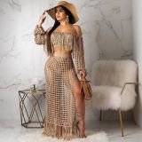 Grid Tassel Off Shoulder Split Long Skirt Sets TR-938