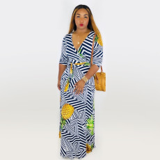 Fashion Printed V Neck Half Sleeve Maxi Dress WSM-5079