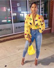 Sexy Printed Deep V Lantern Sleeve Blouses Crop Tops YH-5103