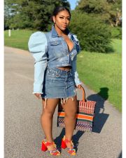 Plus Size Casual Patchwork Puff Sleeve Short Jacket LA-3145