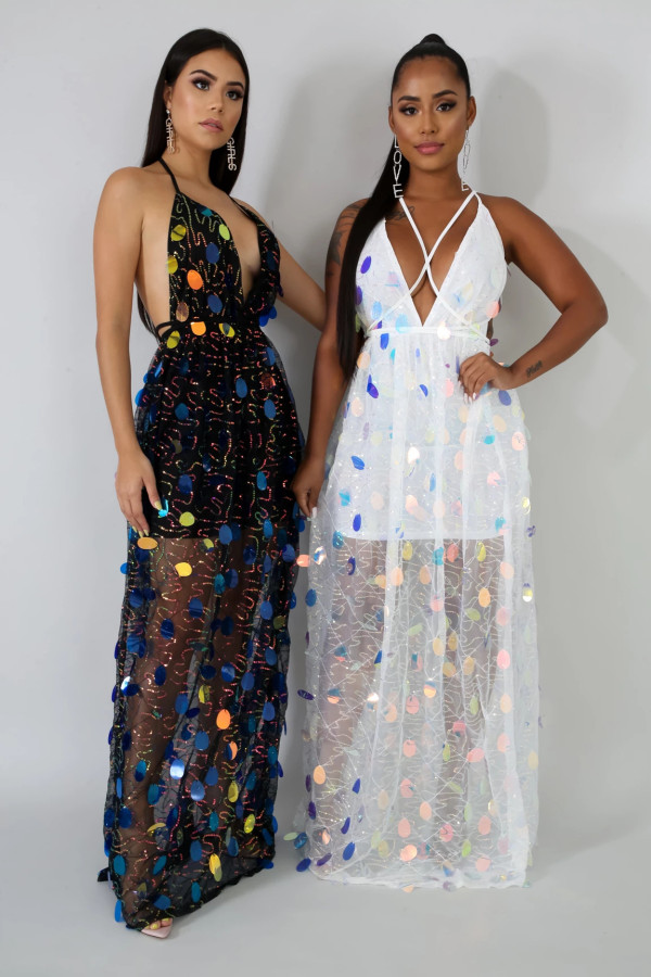 Sexy Sequin Backless Strappy V Neck Maxi Dresses LA-3147