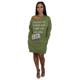 Letter Print V Neck Casual Sweatshirt Dresses MEM-8247