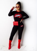 Lip Printed Long Sleeve Casual 2 Piece Pants Set NK-8511