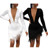 Sexy Mesh Feather Patchwork Bodycon Dresses LDS-3198
