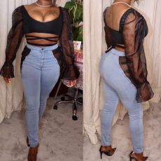 Denim Mesh Patchwork Stretch Skinny Jeans Pants LA-3159