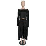 Solid Long Sleeve Wide Leg Pants Two Piece Sets NK-8524
