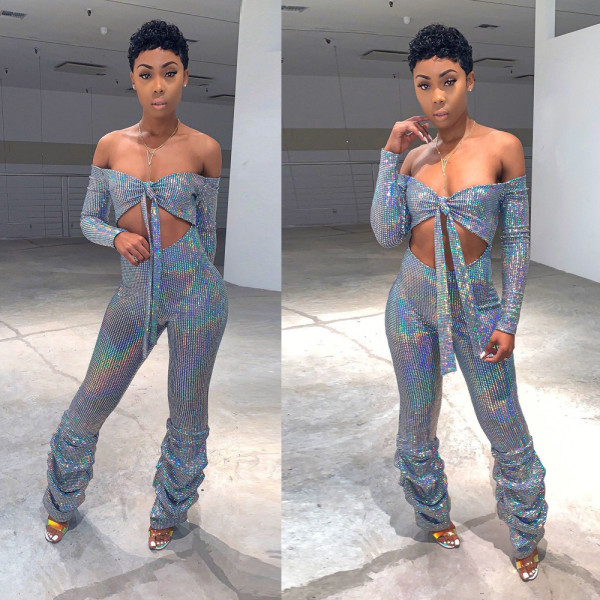 Sexy Off Shoulder Long Sleeve Ruched Jumpsuit BN-9218