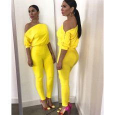Solid Slash Neck Off Shouder Sexy Jumpsuits ASL-6118
