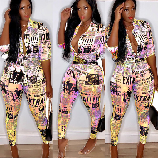 Newspaper Print Shirt Two Piece Pant Suit AIL-048