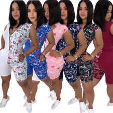Letter Print Patchwork Zipper Sexy Playsuit BLX-7503