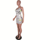 Newspaper Print Adjustable Strap Slim Mini Dress LUO-3017