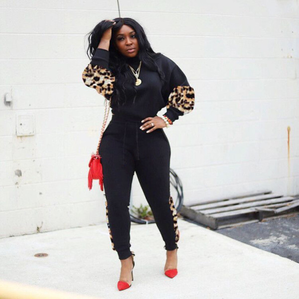 Casual Leopard Patchwork Sportswear 2 Piece Suit LSD-8652