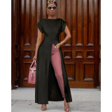Solid Short Sleeve High Split Maxi Dress ASL-6119