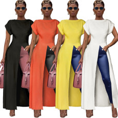 Solid Short Sleeve High Split Maxi Dress ASL-6119