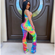Tie Dye Print Ruched Spaghetti Strap Jumpsuit CHY-1218