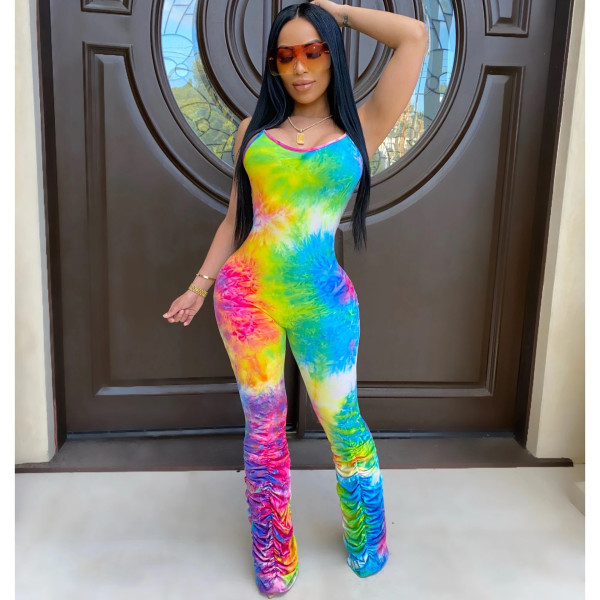 Tie Dye Print Ruched Spaghetti Strap Jumpsuit CHY-1218