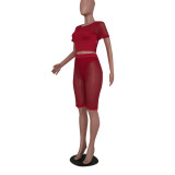 Sexy Grid Hollow 3pcs Crop Top+Underpants+Shorts Set MEM-8104