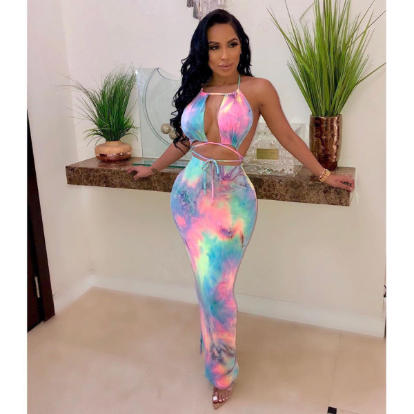 Tie-dye Print Tube Top Maxi Dress CHY-1160