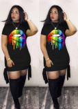 Plus Size Casual Lips Print Short Sleeve Mini Dress LM-8136