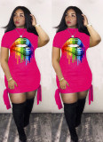 Plus Size Casual Lips Print Short Sleeve Mini Dress LM-8136