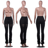 Plus Size Solid Stracked Hollow Out  Long Pants FSL-075