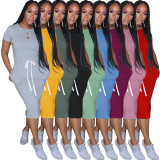 Solid Elastic Waist Short Sleeve Casual Midi Dress AIL-092