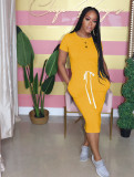 Solid Elastic Waist Short Sleeve Casual Midi Dress AIL-092