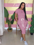 Solid Elastic Waist Short Sleeve Casual Midi Dress AIL-092