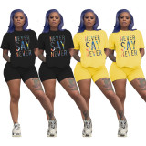 Letter Print Short Sleeve Two Piece Shorts Set SHD-9240