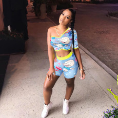 Cartoon Print One Shoulder Two Piece Shorts Set NIK-120