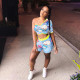 Cartoon Print One Shoulder Two Piece Shorts Set NIK-120