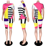 Plus Size Geometric Striped Casual Two Piece Shorts Set ASL-6263-1