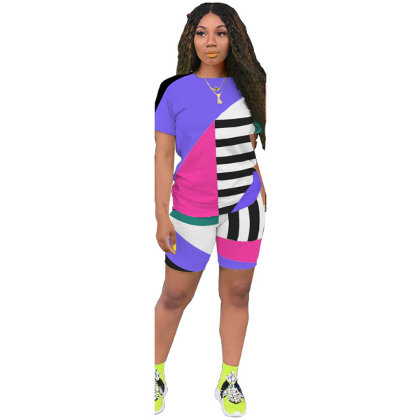 Plus Size Geometric Striped Casual Two Piece Shorts Set ASL-6263-1