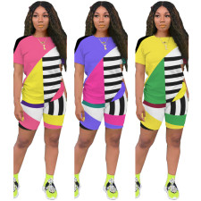 Plus Size Geometric Striped Casual Two Piece Shorts Set ASL-6263-1
