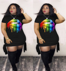 Plus Size 5XL Black Lips Print Short Sleeve Mini Dress LM-8152