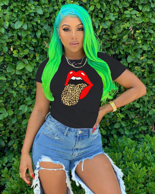 Tongue Print Casual Short Sleeve O Neck T Shirt LM-8151