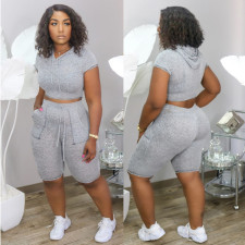 Solid Hooded Short Sleeve Two Piece Suits LDS-3223