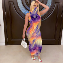 Tie Dye Sleeveless Mask One Piece Long Dress TE-4033